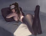  1girl :d ass azto_dio back black_legwear breasts brown_eyes brown_hair double_bun highres long_hair looking_at_viewer lying mei_(pokemon) on_stomach open_mouth pantyhose pillow pokemon pokemon_(game) pokemon_bw pussy smile solo teeth topless visor_cap 