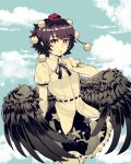  1girl black_hair black_skirt blue_background cloud commentary_request cowboy_shot eyebrows_visible_through_hair feathered_wings finger_to_mouth frills hand_up hat highres looking_at_viewer natsushiro neck_ribbon pointy_ears pom_pom_(clothes) print_skirt red_eyes red_headwear ribbon shameimaru_aya shirt short_hair short_sleeves skirt sky solo spot_color tengu tokin_hat touhou white_shirt wings 
