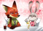  &lt;3 abstract_background beverage black_nose blush canid canine chair cheek_tuft clothed clothing cup cutlery dessert disney eating eyes_closed face_tuft food fox fur furniture gloves_(marking) green_kco grey_body grey_fur holding_spoon ice_cream inner_ear_fluff judy_hopps kitchen_utensils lagomorph leporid looking_at_another mammal markings necktie nick_wilde orange_body orange_fur pink_background rabbit red_fox shirt simple_background sitting smile soda sparkles spoon straw table tools topwear tuft zootopia 