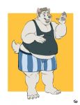  anthro belly brown_hair canid canine canis claws clothed clothing ear_piercing ear_ring ed_shapeshifter facial_hair fur gesture hair hand_on_stomach hi_res male mammal midriff moobs navel open_mouth open_smile overweight overweight_male piercing smile solo standing toe_claws underwear waving white_body white_fur wolf 