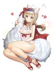  1girl animal_ears bare_arms bare_shoulders blue_eyes bow brown_hair cape closed_mouth covered_nipples dress eto_(nistavilo2) fox_ears fox_girl fox_tail frilled_dress frills full_body hair_bow hairband heart high_heels holding_tail long_hair looking_at_viewer original red_footwear red_ribbon ribbon see-through sleeveless sleeveless_dress smile solo strapless strapless_dress tail thighs white_dress 