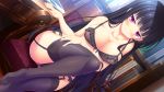  black_hair blush book bra breasts cleavage game_cg garter_belt hinata_nao imouto_paradise_3 long_hair moonstone_cherry nanase_zakuro panties purple_eyes stockings underwear 