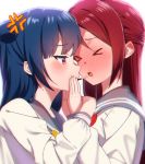  &gt;_&lt; 2girls anger_vein bangs blue_hair blush closed_eyes eyebrows_visible_through_hair food food_in_mouth grey_sailor_collar hair_bun half_updo long_hair long_sleeves love_live! love_live!_sunshine!! multiple_girls neckerchief open_mouth pocky pocky_day pocky_kiss red_eyes red_hair red_neckwear sailor_collar sakurauchi_riko school_uniform sellel serafuku shared_food side_bun tsushima_yoshiko upper_body uranohoshi_school_uniform yellow_neckwear yuri 