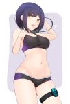  1girl :d arm_up bangs black_buruma breasts buruma cleavage cowboy_shot eyebrows_visible_through_hair hand_on_own_chest heart highres looking_at_viewer medium_breasts navel nijisanji open_mouth purple_hair ring-con ring_fit_adventure shizuka_rin short_hair smile solo sports_bra stomach temari_rin thigh_strap two-tone_background yellow_eyes 