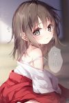  1girl age_regression bangs blurry blurry_background blush bra brown_hair commentary_request crying crying_with_eyes_open depth_of_field eyebrows_visible_through_hair female_saniwa_(touken_ranbu) flying_sweatdrops grey_eyes hair_between_eyes hakama japanese_clothes kimono long_hair looking_at_viewer looking_to_the_side miko mochizuki_shiina oversized_clothes red_hakama saniwa_(touken_ranbu) solo strap_slip tears touken_ranbu translated underwear white_bra white_kimono younger 