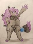  2019 alternate_color anonymous_artist anthro belly big_breasts big_butt black_body black_fur blue_eyes breasts butt clothed clothing female fluffy fur grey_body grey_fur hair long_fur looking_at_viewer nintendo one_eye_closed overweight pok&eacute;mon pok&eacute;mon_(species) presenting purple_hair simple_background smile solo thick_thigs traditional_media_(artwork) video_games white_background zoroark 