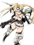  1girl absurdres belt blonde_hair boots braid breasts busou_shinki commentary_request corset covered_navel edelweiss_(megami_device) elbow_gloves gloves gun highres holding holding_gun holding_weapon kumichou_(ef65-1118-ef81-95) large_breasts layered_gloves long_hair mecha_musume megami_device open_mouth pointy_ears rifle short_shorts shorts single_bare_shoulder sleeveless sword thighhighs twintails visor_cap weapon white_background yellow_eyes 