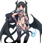  1girl abs absurdres black_hair blue_fire blush breasts demon_girl demon_horns demon_tail demon_wings earrings fire hand_on_hip highres hoop_earrings horarezonu horns jewelry long_hair looking_at_viewer muscle muscular_female nipples original pointy_ears red_eyes revealing_clothes solo tail twintails wings 