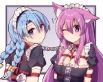  2girls animal_ears arms_behind_back bdsm blue_hair blush bondage bound braid breasts cat_ears chain collar ddt_(darktrident) linked_collar long_hair looking_at_viewer maid multiple_girls pink_eyes pink_hair shibari shibari_over_clothes twin_braids 