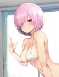  1girl bikini bikini_top breasts closed_mouth fate/grand_order fate_(series) hair_over_one_eye highres index_finger_raised indoors looking_at_viewer mash_kyrielight medium_breasts pink_eyes smile solo swimsuit white_bikini white_bikini_top yoshi8357 