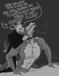  antlers beastars canid canine canis cervid clothed clothing collar dialogue hi_res horn legosi_(beastars) louis_(beastars) male mammal nekokat42 size_difference text topless wolf 