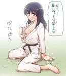  1girl :d barefoot belt black_belt blue_hair blush breasts character_request collarbone japanese_clothes kimono long_hair long_sleeves nipples ogry_ching open_mouth pants precure shiny shiny_hair sketch small_breasts smile solo speech_bubble straight_hair sweatdrop white_kimono white_pants 