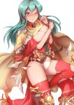  1girl aqua_hair blue_eyes blush bracelet breasts cape closed_mouth covering covering_breasts earrings eirika_(fire_emblem) fire_emblem fire_emblem:_the_sacred_stones highres jewelry jtaka long_hair one_eye_closed panties simple_background solo thighhighs torn_clothes underwear white_background white_panties 