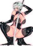  1girl boots breasts curvy green_eyes highres kyo_(osaka) large_breasts nier_(series) nier_automata plump short_hair sword thigh_boots thighhighs weapon white_hair yorha_no._2_type_b 