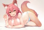  1girl :d animal_ear_fluff animal_ears bangs blue_panties blush bow bow_panties breasts claw_pose cleavage collarbone commentary eyebrows_visible_through_hair eyelashes fang fate/grand_order fate_(series) fingernails fox_ears fox_girl fox_tail groin hair_between_eyes hand_up large_breasts long_hair looking_at_viewer lying navel no_bra on_side open_mouth panties pink_bow pink_hair sidelocks smile solo stomach tail tamamo_(fate)_(all) topless underwear yellow_eyes yoshi8357 