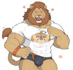  &lt;3 2018 5_fingers anthro biceps black_clothing black_lips black_underwear blush briefs brown_mane bulge clothed clothing eyes_closed fangs felid fingers front_view fur giraffe_(artist) hand_on_hip lion lion-san lips male mammal mane muscular muscular_male open_mouth pantherine pecs pink_nose pink_tongue shirt simple_background smile solo t-shirt tan_body tan_fur tongue topwear underwear whiskers white_background white_clothing white_shirt white_topwear wristband 