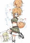  2girls bangs blonde_hair blunt_bangs blush cheerleader highres kamonohashi_(girls_und_panzer) koala_forest_military_uniform long_hair messy_hair midriff multiple_girls navel open_mouth orange_hair pleated_skirt pom_poms ponytail shoes short_sleeves simple_background skirt smile sneakers toku_(yhpv8752) wallaby_(girls_und_panzer) 