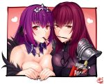 2girls bangs black_ribbon bodysuit border box breast_press breasts cleavage dress eyebrows_visible_through_hair fate/grand_order fate_(series) feather_trim fingernails food fur-trimmed_dress fur_trim hair_between_eyes hair_intakes headpiece heart large_breasts leotard light_blush long_hair looking_at_viewer mouth_hold multiple_girls okitakung pauldrons pink_background pocky pocky_day purple_bodysuit purple_dress purple_hair purple_leotard red_eyes ribbon scathach_(fate)_(all) scathach_(fate/grand_order) scathach_skadi_(fate/grand_order) shoulder_armor signature symmetrical_docking tiara 
