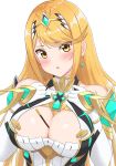  1girl :o bangs bare_shoulders blonde_hair blush breasts chocolate cleavage cleavage_cutout commentary_request dress earrings elbow_gloves food food_between_breasts gem gloves hands_on_own_chest highres hikari_(xenoblade_2) jewelry large_breasts long_hair melting open_mouth pocky shoulder_armor simple_background solo spaulders sssemiii swept_bangs tiara v-shaped_eyebrows white_background white_dress white_gloves xenoblade_(series) xenoblade_2 yellow_eyes 