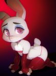  2019 4_fingers all_fours anthro armwear breasts clothed clothing disney doxy elbow_gloves eyeshadow female fingers fur gloves grey_body grey_fur handwear judy_hopps kneeling lagomorph legwear leporid makeup mammal purple_eyes rabbit rubber short_stack skimpy small_breasts solo thigh_highs zootopia 