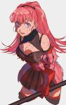  1girl blood breasts cleavage earrings fire_emblem fire_emblem:_three_houses gloves grey_background hilda_valentine_goneril holding injury jewelry long_hair mm0_0misuzu open_mouth pink_eyes pink_hair ponytail red_gloves simple_background solo thighhighs 