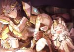  1boy 1girl 1other blue_eyes blue_hair brother_and_sister brown_gloves closed_eyes closed_mouth coffee_mug cup fire_emblem fire_emblem_heroes gloves gradient_hair hair_ornament hand_on_another&#039;s_head highres holding holding_cup hood hood_up hrid_(fire_emblem) kiran_(fire_emblem) knees_up long_sleeves mug multicolored_hair nakabayashi_zun open_mouth short_hair siblings sitting smile tiara white_hair ylgr_(fire_emblem) 