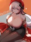  10eki_(tenchou) 1girl absurdres aran_sweater azur_lane bangs belfast_(azur_lane) belfast_(shopping_with_the_head_maid)_(azur_lane) beret black_skirt blush breasts brown_sweater character_name choker cleavage collarbone earrings food hat highres holding holding_food hoop_earrings jewelry large_breasts long_hair looking_at_viewer off-shoulder_sweater off_shoulder pantyhose pocky pocky_day silver_hair sitting skirt smile solo sweater 