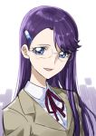  1girl :d blue_eyes brown_jacket collared_shirt dress_shirt glasses hair_ornament hairclip heartcatch_precure! jacket long_hair looking_at_viewer neck_ribbon open_mouth portrait precure purple_hair red_ribbon ribbon rimless_eyewear school_uniform shiny shiny_hair shirt simple_background smile solo tsukikage_oyama tsukikage_yuri very_long_hair white_background white_shirt wing_collar 