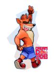  2019 absurd_res activision anthro bandicoot black_nose blue_bottomwear blue_clothing blue_shorts bodily_fluids bottomwear brown_gloves butt clothed clothing crash_bandicoot crash_bandicoot_(series) creamin_peaches eyebrows fingerless_gloves footwear fur gesture gloves green_eyes grin handwear hi_res looking_at_viewer looking_back male mammal marsupial one_eye_closed orange_body orange_fur red_clothing red_footwear red_shoes sagging saliva shoes shorts shorts_pull simple_background smile solo standing text tongue tongue_out topless underwear v_sign video_games watermark wink 