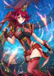  1girl adsouto bangs blush breasts covered_navel fingerless_gloves gem gloves hair_ornament headpiece highres holding holding_sword holding_weapon homura_(xenoblade_2) jewelry large_breasts looking_at_viewer red_eyes red_hair red_shorts short_hair shorts shoulder_armor smile swept_bangs sword tiara weapon xenoblade_(series) xenoblade_2 