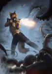 2019 5_fingers anthro black_nose brown_body brown_fur canid canine canis clothed clothing digital_media_(artwork) domestic_dog fingers fur german_shepherd herding_dog hi_res holding_gun holding_object holding_weapon male mammal pastoral_dog royzilya weapon 