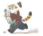  2018 anthro bottomwear carrying clothed clothing digital_media_(artwork) duo felid female full-length_portrait fully_clothed fur giraffe_(artist) hair hi_res human lam-chan long_hair male mammal multicolored_body multicolored_fur pantherine portrait running side_view stripes tiger topwear 