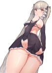  1girl ass azur_lane back bangs bare_back bare_legs blush bra bra_strap breasts collar cross-laced_clothes embarrassed eyebrows_visible_through_hair eyes_visible_through_hair formidable_(azur_lane) frilled_bra frilled_skirt frills from_behind from_below grey_hair hair_between_eyes hair_ornament hair_ribbon highres lace large_breasts long_hair long_sleeves looking_at_viewer looking_back no_panties open_mouth red_eyes ribbon shoulder_blades sikijou77o simple_background skirt solo thighs twintails two-tone_ribbon underwear very_long_hair white_background 