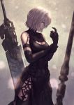  1girl adjusting_clothes adjusting_gloves android bare_shoulders black_dress black_gloves black_legwear blue_eyes breasts cowboy_shot dress elbow_gloves gloves highres looking_at_viewer medium_breasts multiple_swords nier_(series) nier_automata parted_lips pelvic_curtain robot_joints short_hair silver_hair solo standing sword thighhighs weapon yasu_(segawahiroyasu) yorha_type_a_no._2 