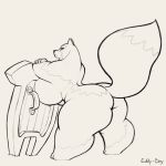  2019 anthro armello big_breasts big_butt breasts butt canid canine canis ears_up eddy-boy female fluffy fluffy_tail hi_res looking_back magna_(armello) mammal monochrome nude rear_view shield signature solo thick_thighs video_games wolf 
