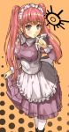  1girl fire_emblem fire_emblem:_three_houses fuussu_(21-kazin) highres hilda_valentine_goneril long_hair long_sleeves maid maid_headdress orange_background pink_eyes pink_hair simple_background solo twintails white_legwear 