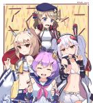  4girls animal_ears ayanami_(azur_lane) azur_lane bangs belt bikini_top blue_eyes blue_sailor_collar bracelet brown_hair bunny_ears coat crop_top cross_hair_ornament crown detached_sleeves eating fake_animal_ears food hair_ornament hairband headgear headphones headphones_around_neck high_ponytail highres holding holding_food holding_pocky javelin_(azur_lane) jewelry laffey_(azur_lane) light_brown_hair long_hair looking_at_viewer mini_crown miniskirt multiple_girls navel neckerchief open_clothes open_coat open_mouth orange_eyes pleated_skirt pocky pocky_day ponytail purple_hair red_eyes retrofit_(azur_lane) sailor_collar short_hair skirt sleeveless sleeveless_coat smile sweatdrop tsukino_(nakajimaseiki) twintails twitter_username v white_belt white_bikini_top white_hair white_skirt yellow_neckwear z23_(azur_lane) 