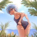  1girl ass bangs bent_over blue_eyes blue_hair blue_sky blue_swimsuit blurry_foreground blush breasts embarrassed from_behind hair_between_eyes highres looking_at_viewer looking_back nishijima_waon ocean ogry_ching open_mouth precure school_swimsuit short_hair sky small_breasts solo standing suite_precure sweatdrop swimsuit 