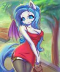  anthro bat_pony breasts clothing dress equid equine fafecalus fangs female hair hi_res horse legwear mammal multicolored_hair my_little_pony pony solo stockings wings 