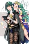  2girls alternate_breast_size artist_name bare_shoulders blush byleth_(fire_emblem) byleth_(fire_emblem)_(female) cape commentary_request fire_emblem fire_emblem:_three_houses game_console green_eyes green_hair grey_background grin handheld_game_console jewelry long_hair multiple_girls navel nintendo_switch pointy_ears polka_dot polka_dot_background short_sleeves shorts smile sothis_(fire_emblem) translation_request tsutsuji_(hello_x_2) two-tone_background white_background 