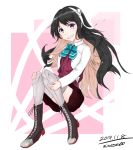  1girl artist_name black_hair blazer boots cross-laced_footwear dated grey_legwear grin hair_down hairband halterneck highres jacket kantai_collection lace-up_boots long_hair looking_at_viewer minase00 multicolored_hair naganami_(kantai_collection) pink_hair remodel_(kantai_collection) sitting smile solo thighhighs two-tone_background two-tone_hair wavy_hair white_background white_hairband 