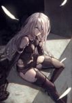  1girl absurdres android bangs bare_shoulders black_gloves black_legwear blue_eyes breasts dirty elbow_gloves gloves hair_between_eyes highres holding holding_sword holding_weapon long_hair looking_at_viewer medium_breasts mole mole_under_mouth nier_(series) nier_automata shorts sidelocks silver_hair sitting solo sword thighhighs torn_clothes weapon yasu_(segawahiroyasu) yorha_type_a_no._2 