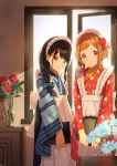  2girls amochin apron back_bow backlighting bag black_hair blue_bow blue_flower blue_kimono bow braid brown_eyes closed_mouth cowboy_shot eyebrows_visible_through_hair flower frilled_apron frills frown hair_bow hair_over_shoulder handbag highres holding holding_bag holding_tray idolmaster idolmaster_shiny_colors indoors japanese_clothes kazano_hiori kimono long_hair long_sleeves looking_at_viewer maid_headdress multiple_girls orange_hair red_flower red_kimono red_rose rose sakuragi_mano short_ponytail sidelocks single_braid tray vase wa_maid wavy_mouth white_apron white_bow window 