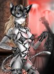  2018 anthro bdsm black_collar blue_eyes breasts collar cosia domestic_cat felid feline felis female hi_res looking_at_viewer mammal navel nipples solo spiked_collar spikes standing whip 