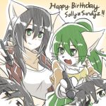  1:1 4_fingers anthro black_hair blush breasts canid canine canis clothed clothing domestic_cat domestic_dog felid feline felis female fingers fur green_eyes green_hair group hair happy_birthday hi_res kemono long_hair mammal monokurosekai06 open_mouth open_smile simple_background smile sundyz whiskers 