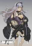  1girl absurdres assault_rifle bangs bare_legs bare_shoulders black_bra black_coat black_hairband black_scarf bra breasts character_name cirilla cleavage clothes_writing coat facial_mark feet_out_of_frame german_text girls_frontline gloves gradient gradient_background green_eyes grey_background gun h&amp;k_hk416 hair_ornament hairband headwear_removed helmet helmet_removed highres hk416_(girls_frontline) huge_filesize iron_cross long_hair long_sleeves looking_at_viewer medium_breasts no_pants open_clothes open_coat open_vest parted_lips purple_vest rifle scarf silver_hair solo sparkle standing thigh_strap underwear vest weapon white_gloves 