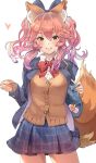  1girl alternate_costume animal_ear_fluff animal_ears bangs blush breasts contemporary fate/extra fate_(series) fox_ears fox_girl fox_tail highres large_breasts long_hair long_sleeves looking_at_viewer pink_hair simple_background smile solo sumisu_(mondo) tail tamamo_(fate)_(all) tamamo_no_mae_(fate) white_background yellow_eyes 