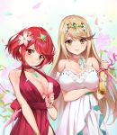  2girls alcohol alternate_costume bangle bangs blush bottle bracelet breasts choker cleavage collarbone cup dress drinking_glass dual_persona earrings evening_gown eyebrows_visible_through_hair floral_background flower gem hair_flower hair_ornament halter_dress heart heart_earrings highres hikari_(xenoblade_2) holding holding_bottle homura_(xenoblade_2) jewelry kiiro_kimi large_breasts layered_dress long_hair looking_at_viewer multiple_girls necklace orange_eyes parted_lips pelvic_curtain pendant petals pink_flower pink_rose red_dress red_hair rose rose_petals short_hair sidelocks sleeveless sleeveless_dress smile strapless strapless_dress swept_bangs symmetrical_hand_pose tiara very_long_hair white_choker white_dress xenoblade_(series) xenoblade_2 