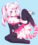  anthro blush breasts clothed clothing felid feline female fur hi_res legwear looking_at_viewer mammal niniidawns nipples no_underwear pink_eyes pussy solo stockings stripes white_body white_fur 