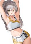  1girl :d armpits arms_up bangs bare_arms bare_shoulders blush cheerleader collarbone commentary cowboy_shot crop_top eyebrows_visible_through_hair girls_frontline grey_hair hair_between_eyes highres lee_seok_ho long_hair looking_at_viewer midriff navel navel_piercing one_side_up open_mouth piercing scar scar_across_eye short_shorts shorts simple_background smile solo ump45_(girls_frontline) white_background white_shorts yellow_eyes 